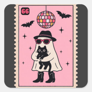 Fantasma retro disco con sello de Halloween de gat
