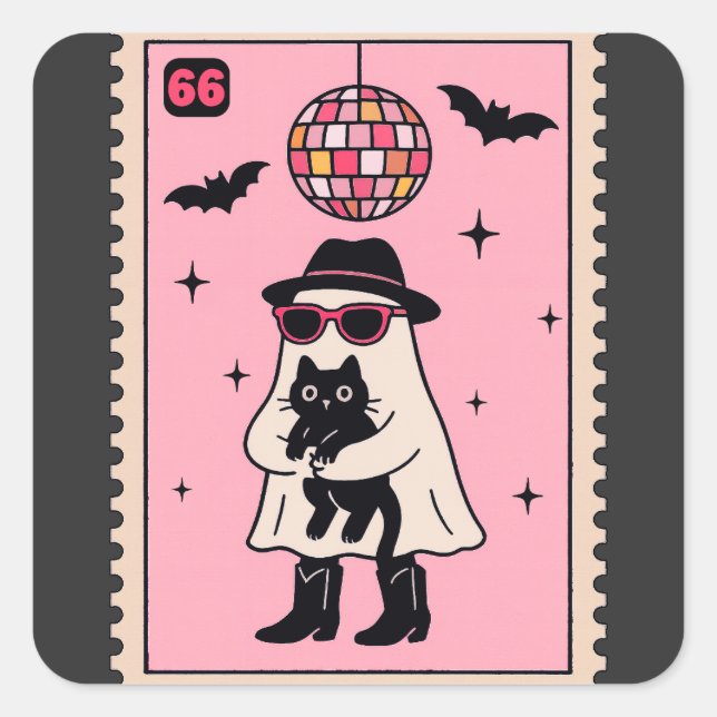 Fantasma retro disco con sello de Halloween de gat (Anverso)