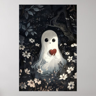 Fantasma sosteniendo corazón en impresión de bosqu