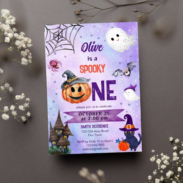 Fantasma una plantilla de fiesta de cumpleaños de  (Spooky one Halloween girls birthday party template invitation cute ghost pumpkin black cat bat)