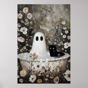 Fantasma y gato negro toma una impresión de bañera