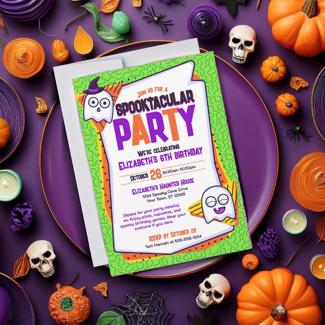 Fantasmas en Spooktacular Invitación al cumpleaños (Spooky invites perfect for cute Halloween parties and birthdays. Green with ghost characters)