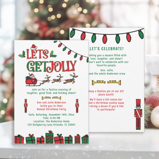 Fantástico Rojo Verde Santa Reno Fiesta de Navidad (2-sided retro-style Christmas party invitation)