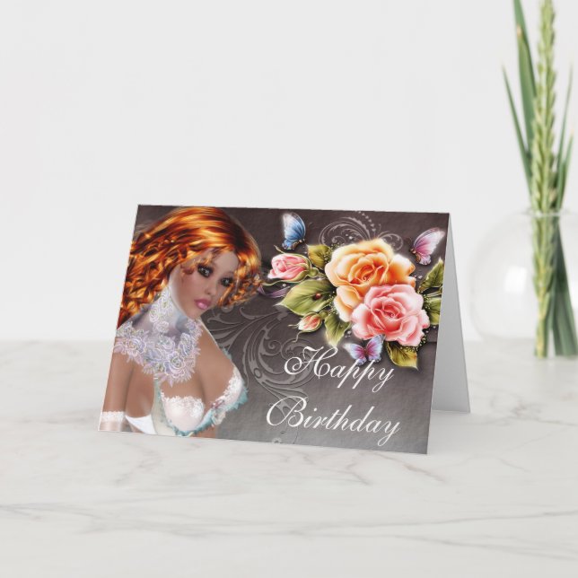 Fantasy Redhead con Rosas Tarjeta de cumpleaños 2 (Anverso)
