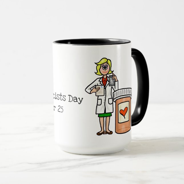 Farmacéutica con jarra de frasco de pastillas (Anverso derecho)