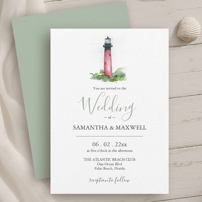 Faro acuático de la invitación a la boda de playa (Beach wedding invitations feature watercolor Jupiter lighthouse Victoria Grigaliunas DoTellABelle)