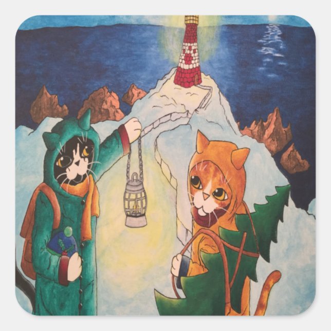 Faro de noche gatos Pegatina rectangular (Anverso)