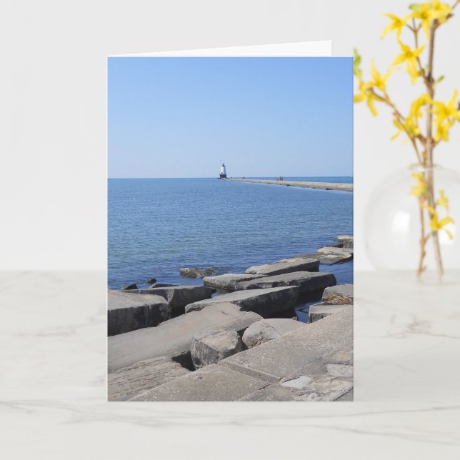Faro de North Pierhead, Ludington, MI Tarjeta (flor amarilla)