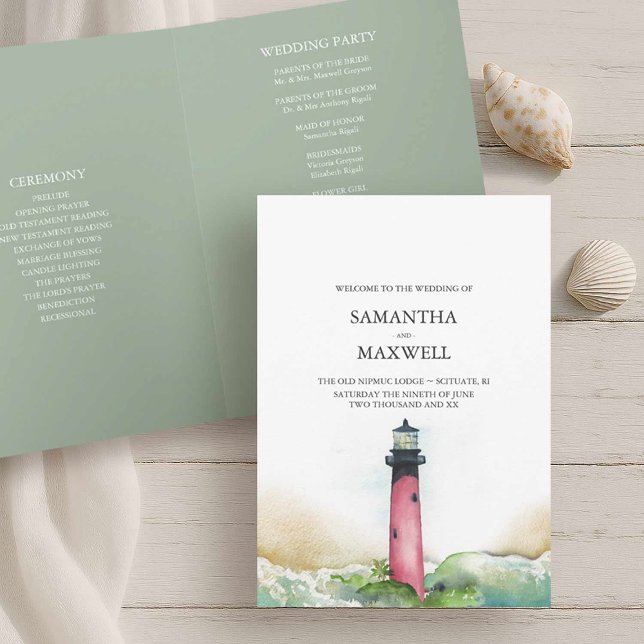 Faro de plantillas del programa de bodas de playa (Wedding program beach wedding in Florida shows watercolor Jupiter Lighthouse Victoria Grigaliunas)