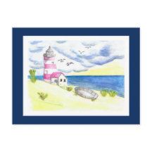 Faro de playa con postal