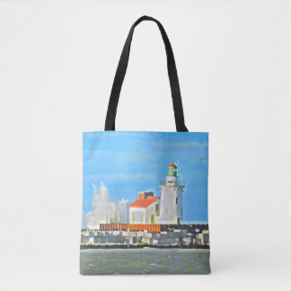 Faro del lago Erie con bolsa de wave tote