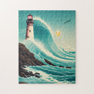 Faro en medio del rompecabezas de las olas ruidosa