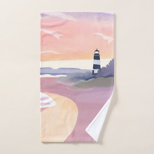 Faro pastel | Acuarela de la costa de la playa (Toalla de mano)