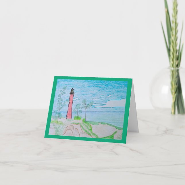 Faro rojo en la tarjeta de felicitación Beach Blan (Anverso)