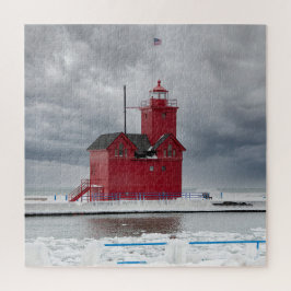 Faro rojo Michigan en el rompecabezas de invierno