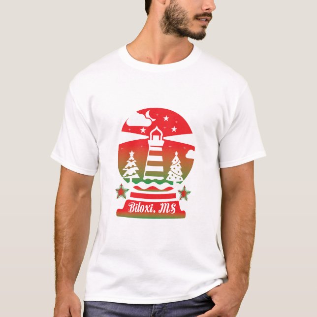 Faro y árbol Desi de camisetas de Navidad de época (Anverso)