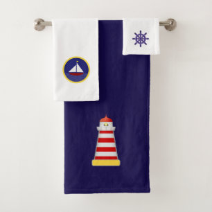 Faro, yate y timón en azul marino y blanco