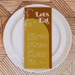 FARRAH Retro 70s Rust Lets Eat Arch Menu Card<br><div class="desc">El menú boda presenta un fondo naranja quemado, un arco de color mostaza, flores de tierra y una divertida fuente temática de los años 70. El menú de la cena es muy variado y es perfecto para un boda retro, una ducha de bebé o cualquier otro evento especial. Todos los...</div>