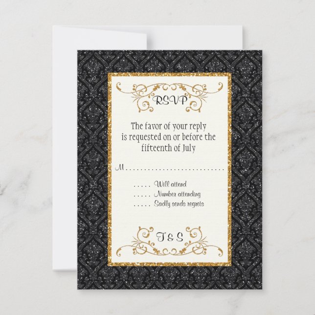 Faux Black Gold Purpurina Damask Ticket Style RSVP (Anverso)