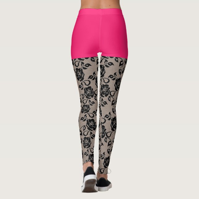 Faux Black Lace Fishnet Funny Leggings Pink Short (Reverso)