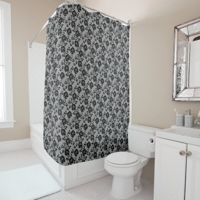 Faux Black Lace Rosa Fishnet Shower Cortina (In situ)