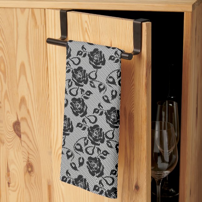 Faux Black Lace Rosas Fishnet Kitchen Toalla (Pliegue de tercios)