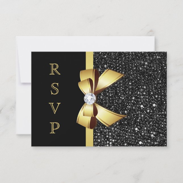 Faux Black Sequins Gold Bow RSVP (Anverso)