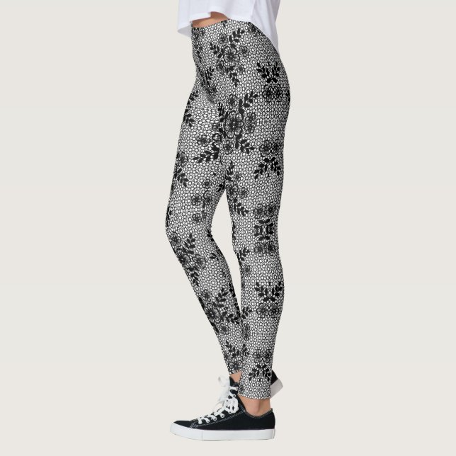 Faux Black White Lace Fishnet Leggings Romántico (Izquierda)