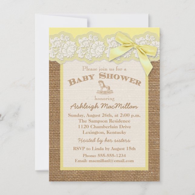 FAUX Burlap Ivory Lace, Invitación de Baby Shower  (Anverso)