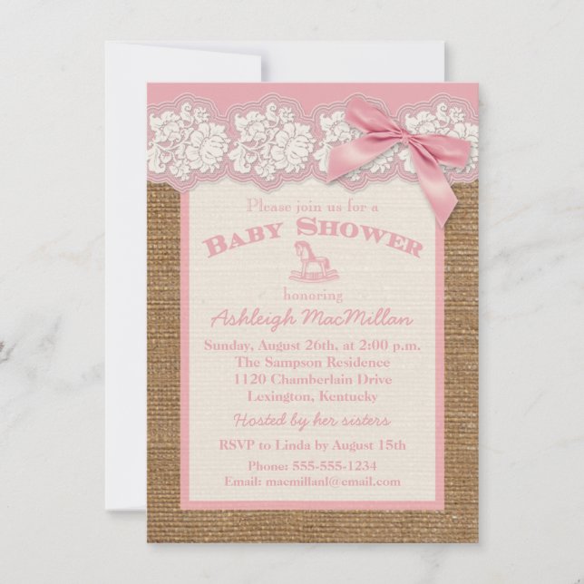 FAUX Burlap Ivory Lace, invitación rosa de Baby Sh (Anverso)