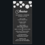 Faux Chalkboard Hanging Lanterns Menú Rústico<br><div class="desc">Carta rústica con farolillos blancos sobre un fondo falso de pizarra. Esta tarjeta de menú forma parte de una suite boda "Linternas de papel colgantes". Los elementos coincidentes y otros colores están disponibles.</div>
