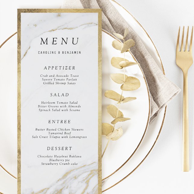 Faux dorado Relieve metalizado mármol lujo menú bo (Faux gold foil marble luxury modern wedding menu)