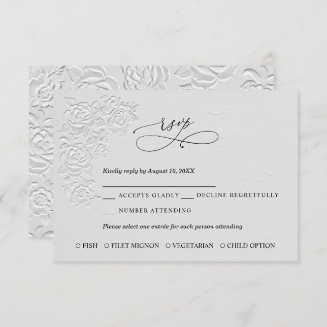 Faux Embossed White Roses Wedding RSVP Card (Anverso / Reverso)