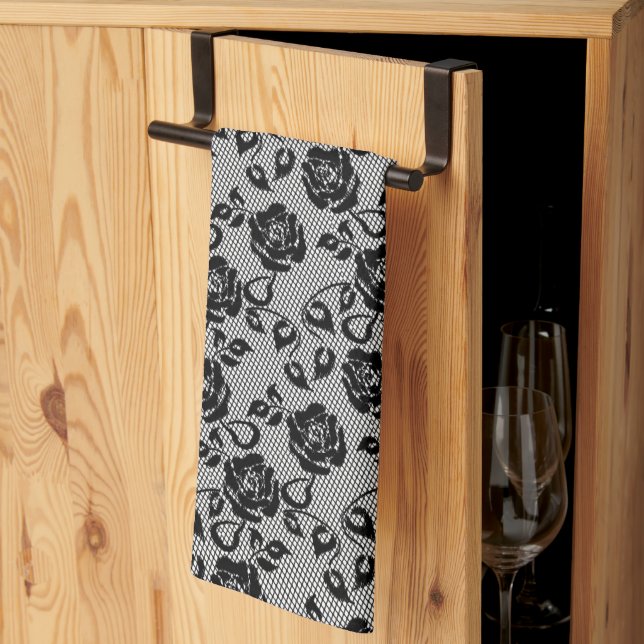 Faux Fishnet Black Lace Kitchen Toalla (Pliegue de tercios)