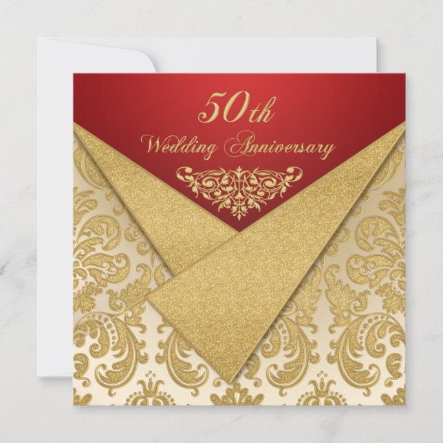 Faux Flaps Gold Damask Invitación 50 Aniversario (Anverso)
