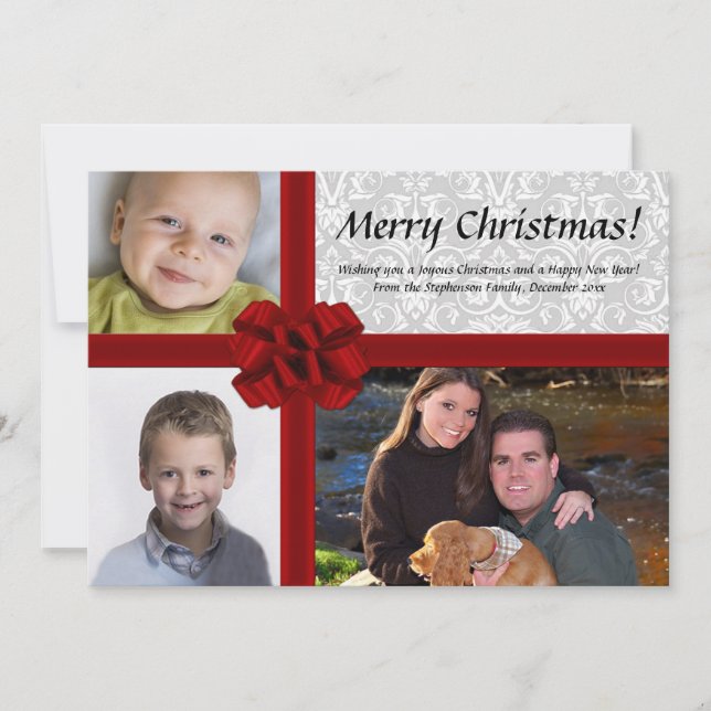 Faux Gift Box Bow, Tarjeta de 3 Navidades fotográf (Anverso)