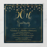 Faux Gold Caligraphy Invitación a los 50 años<br><div class="desc">Esta invitación al 50 aniversario del boda es sencilla pero elegante. Presenta una falsa caligrafía de oro encabezando la invitación y algunos confeti. También he agregado un falso borde delgado de doble línea dorada. El fondo es una imagen de textura azul muy oscuro. Esta elegante caligrafía en oro falso 50...</div>