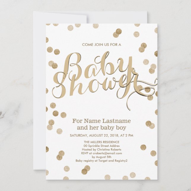Faux Gold Confetti Invitación moderna a Baby Showe (Anverso)
