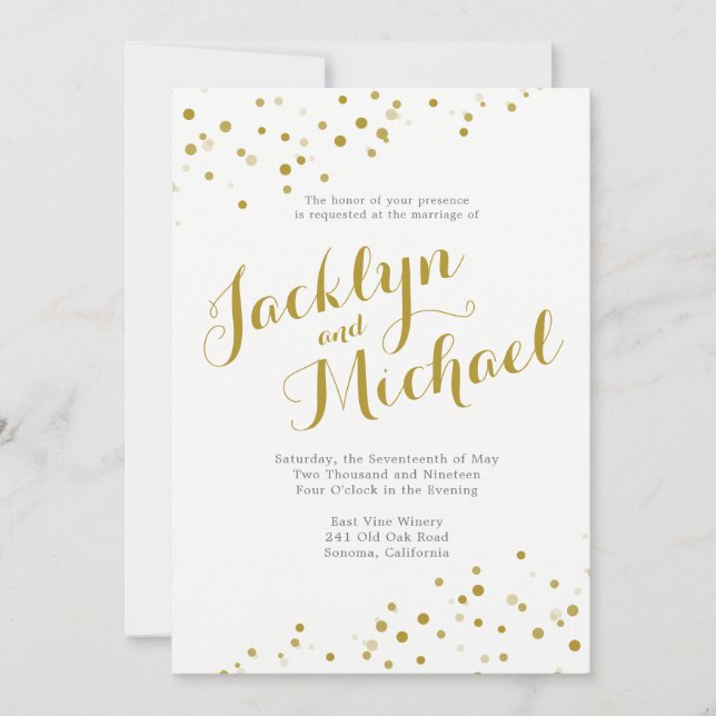 Faux Gold Confetti Wedding Invitación (Anverso)