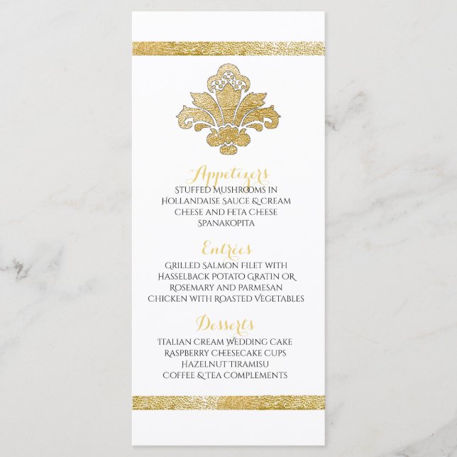 Faux Gold Damask cena Fiesta Menú Personalizado ne (Anverso)