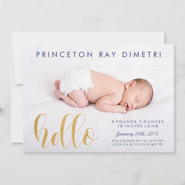 Faux Gold Modern Hello Anuncio de nacimiento (Anverso)