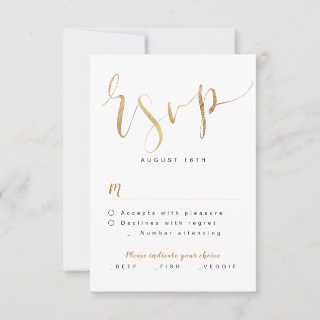 Faux Gold Moderno Simple Script Wedding RSVP (Anverso)