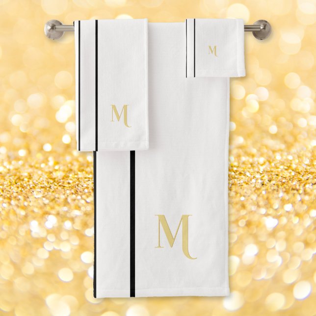 Faux Gold Monogramado Black Carreras Stripes White (Faux Gold Monogrammed Black Racing Stripes White Bath Towel Set)