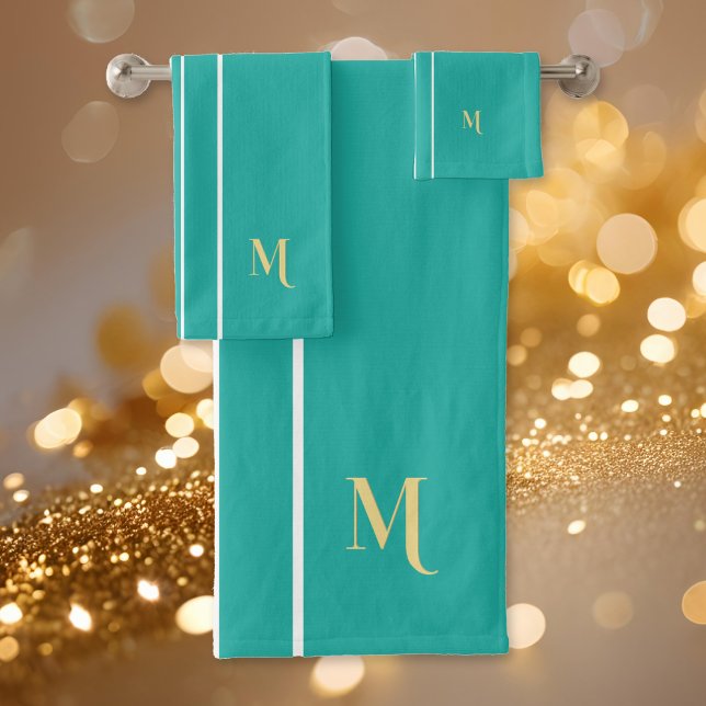 Faux Gold Monogramado Verde azulado Carreras blanc (Faux Gold Monogrammed Teal White Racing Stripes Bath Towel Set)