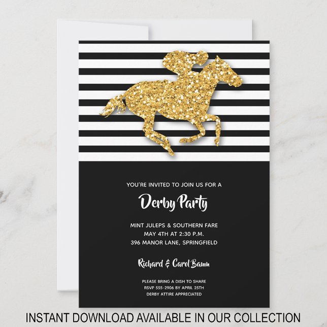 Faux Gold Purpurina Horse & Stripes Derby Invitaci (INSTANT DOWNLOAD available in our collection to send your invitations digitally.)