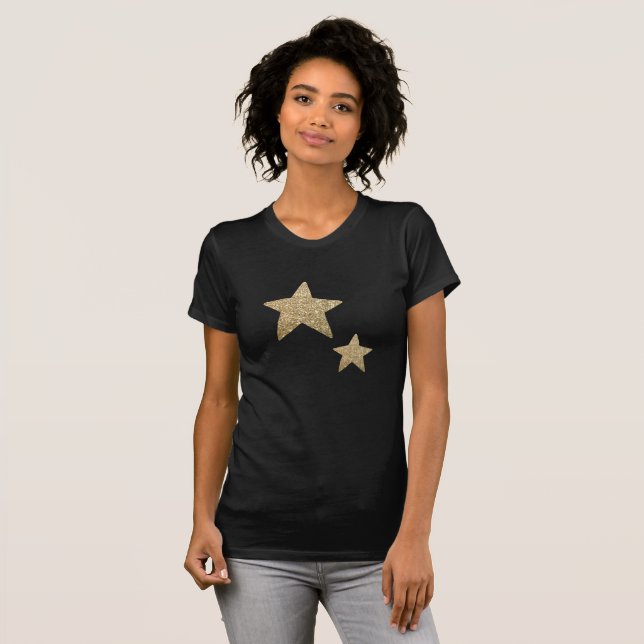 Faux Gold Purpurinas Stars | Camiseta negra de las (Anverso completo)