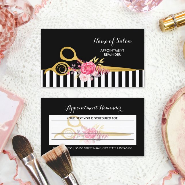 Faux Gold Scissors Citas Pink Floral Hair Cita (Faux Gold Scissors Pink Floral Hair Appointment Business Cards)