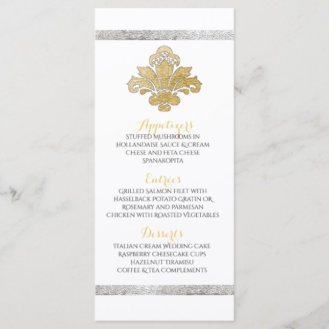 Faux Gold/Silver Damask Wedding Menú de cena Negro (Anverso)
