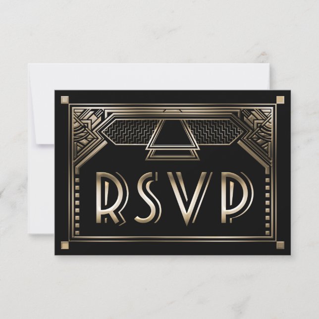 Faux Gold Sombreado Gatsby Art Deco Wedding RSVP (Anverso)