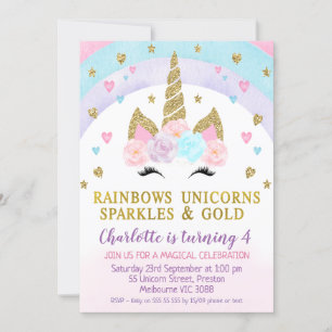 Faux Gold Unicorn Face Rainbow Birday Invitación